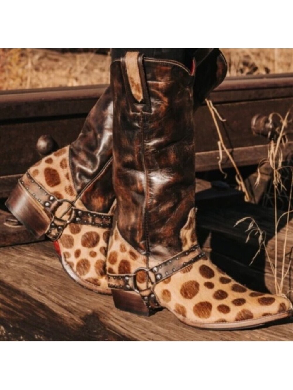 Freebird Lusitano Boots Leopard Haircalf Womens 10 Western Brn Lthr Harness Stud